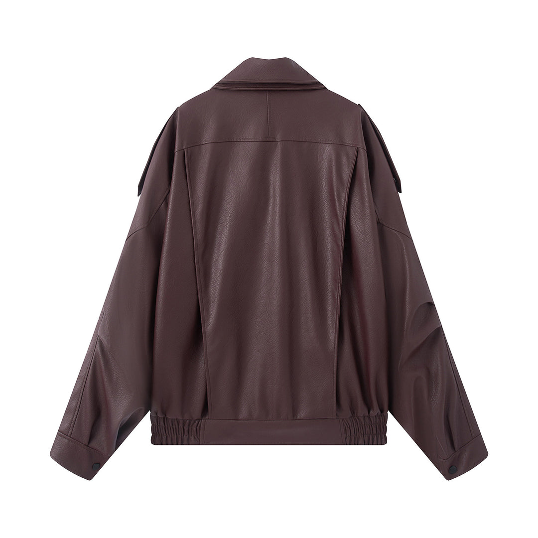 Damen oversized Biker-Blouson aus veganer Lederoptik mit asymmetrischem Reißverschluss, breitem Schalkragen und taillenbetonendem Gürtel – Célinea