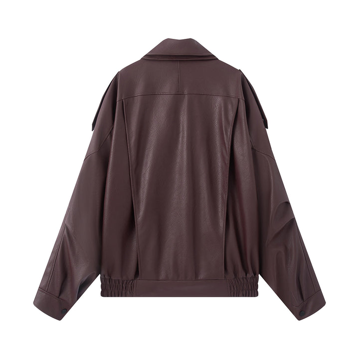 Damen oversized Biker-Blouson aus veganer Lederoptik mit asymmetrischem Reißverschluss, breitem Schalkragen und taillenbetonendem Gürtel – Célinea