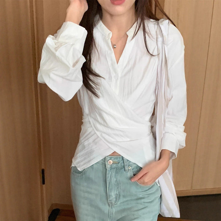 Damen Wickelbluse mit geraffter Taille und Ballonärmeln Echoarchiv
