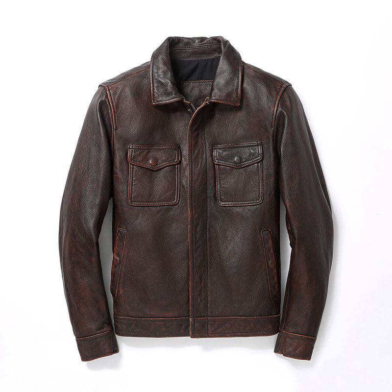 Herren Lederjacke im Worker-Stil mit Brusttaschen und durchgehendem Reißverschluss Echoarchiv