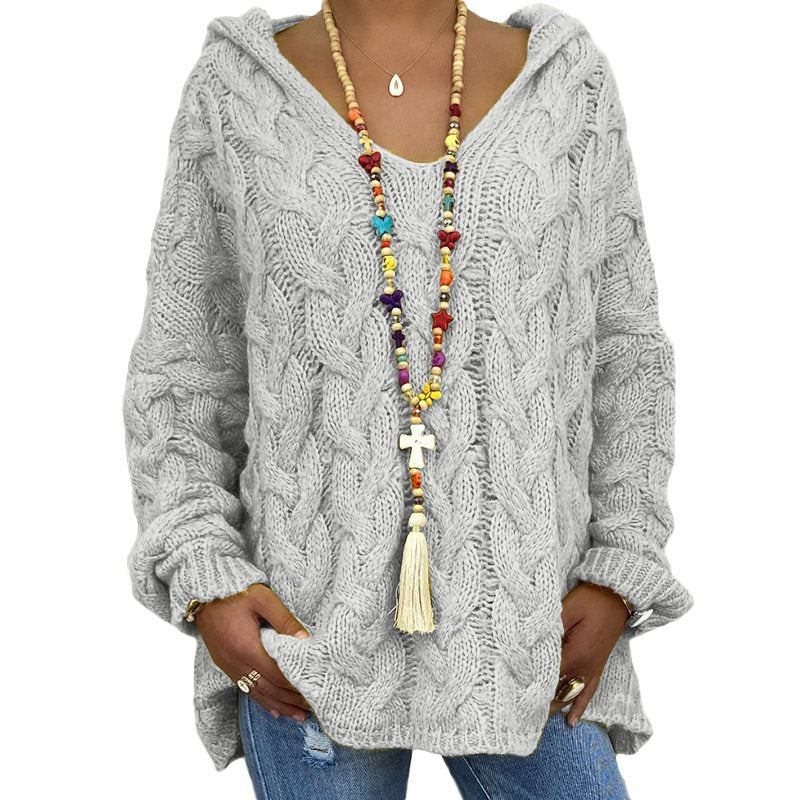 Damen Oversized Zopfmuster-Strickpullover mit Kapuze und lässigem V‑Ausschnitt Echo Archiv