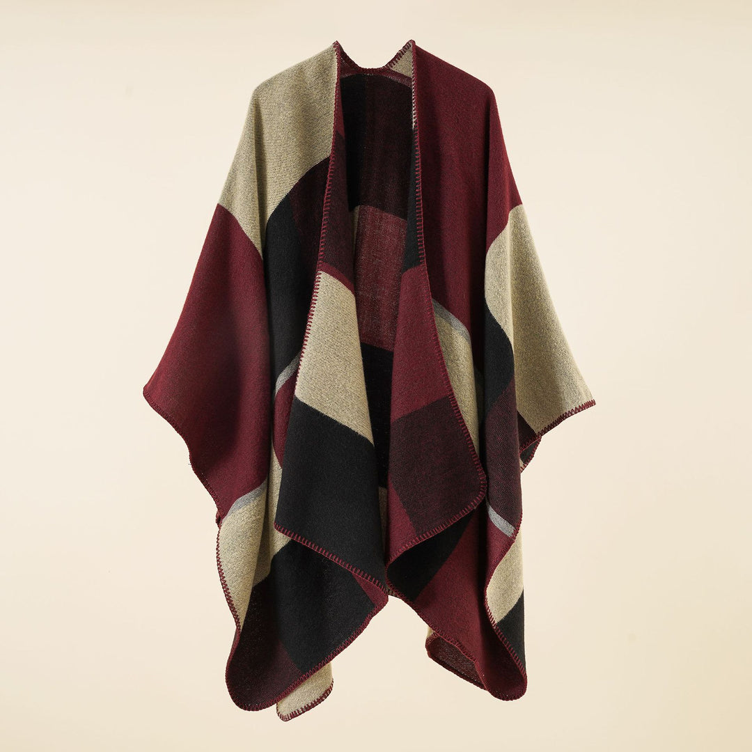 Damen Dreieckiger Strickponcho mit geometrischem Jacquardmuster und Ziernaht – Veloura