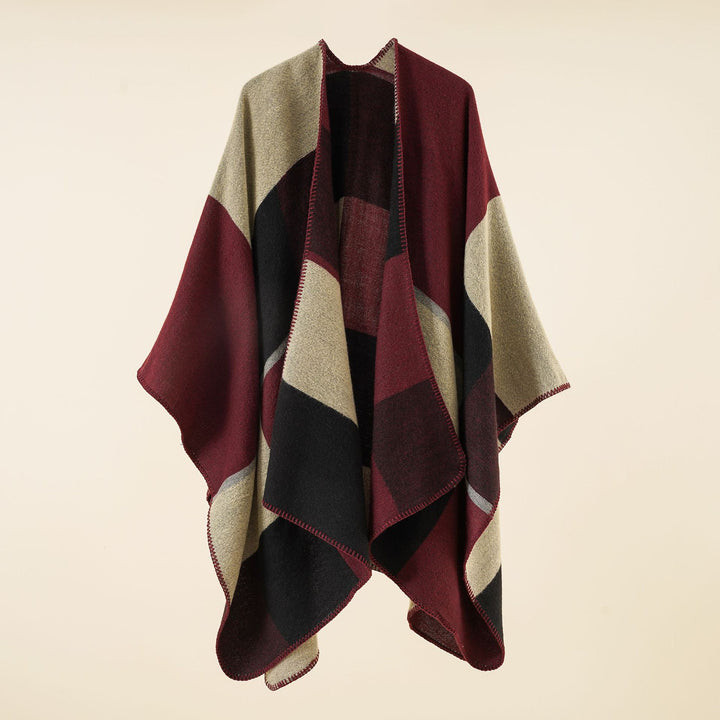 Damen Dreieckiger Strickponcho mit geometrischem Jacquardmuster und Ziernaht – Veloura