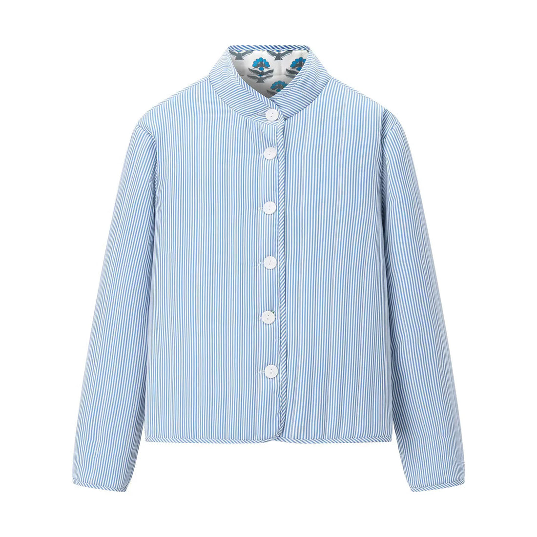 Damen leichte gesteppte Blusenjacke mit Stehkragen, Zierpaspel und floraler Allover‑Steppung – Célinea