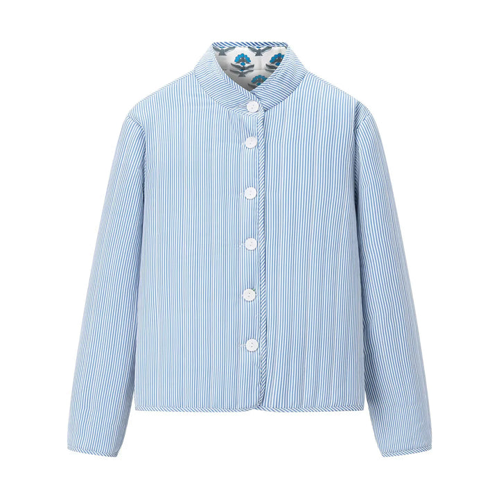 Damen leichte gesteppte Blusenjacke mit Stehkragen, Zierpaspel und floraler Allover‑Steppung – Célinea