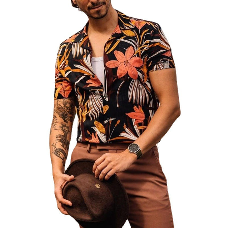 Herren Kurzarm-Hemd mit floralen Mustern und modischem Kragen Echoarchiv