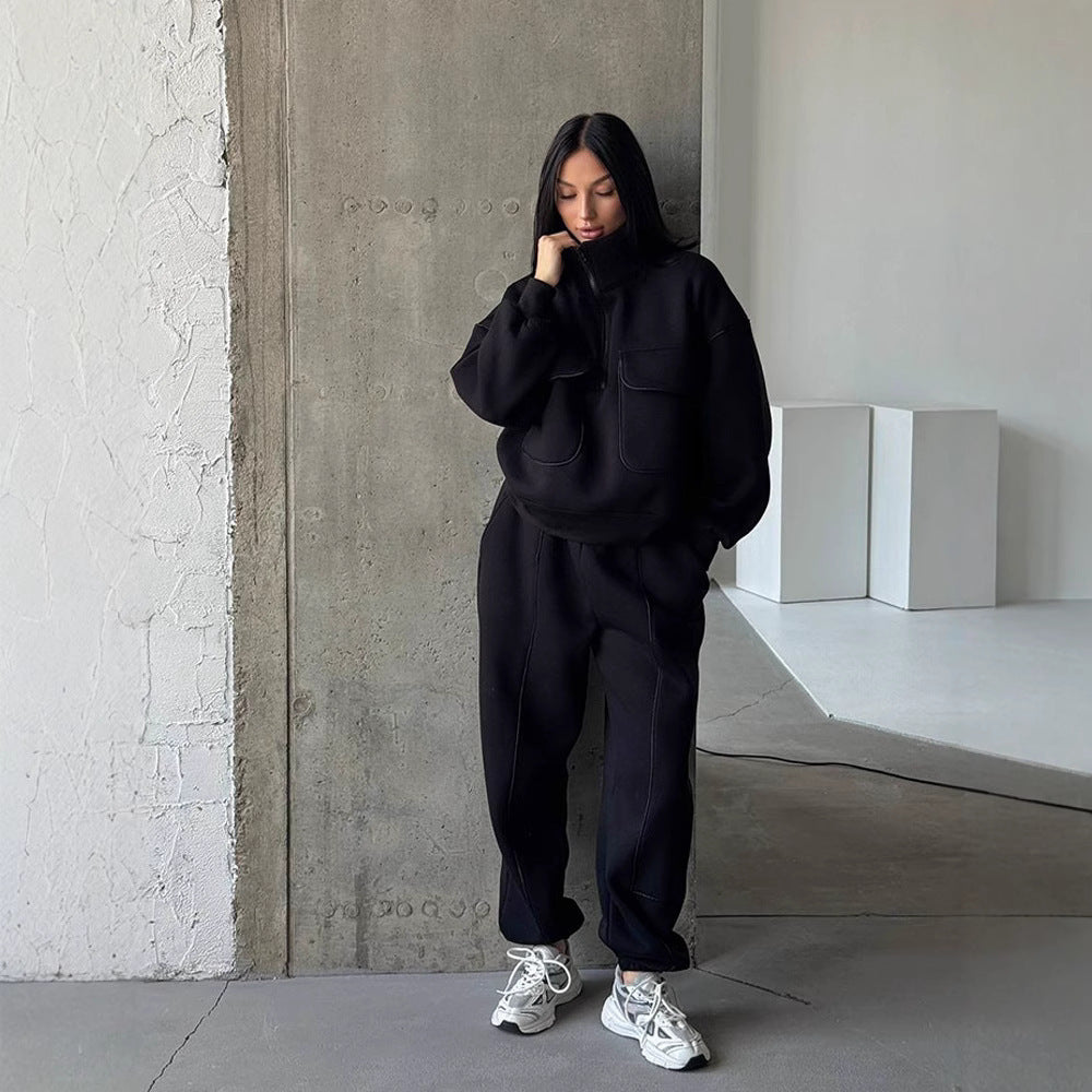 Damen nan Oversize Halbzip-Sweatshirt mit aufgesetzten Klappentaschen und Kontrastpaspeln Echo Archiv