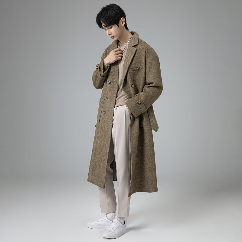 Herren Maxilanger Wollmix-Mantel im Tweed-Look mit Oversize-Schnitt, Doppelreihe und Bindegürtel Echoarchiv