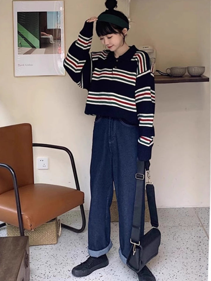 Damen Oversize Polokragen-Strickpullover mit maritimen Blockstreifen und kastiger Cropped-Silhouette Echoarchiv
