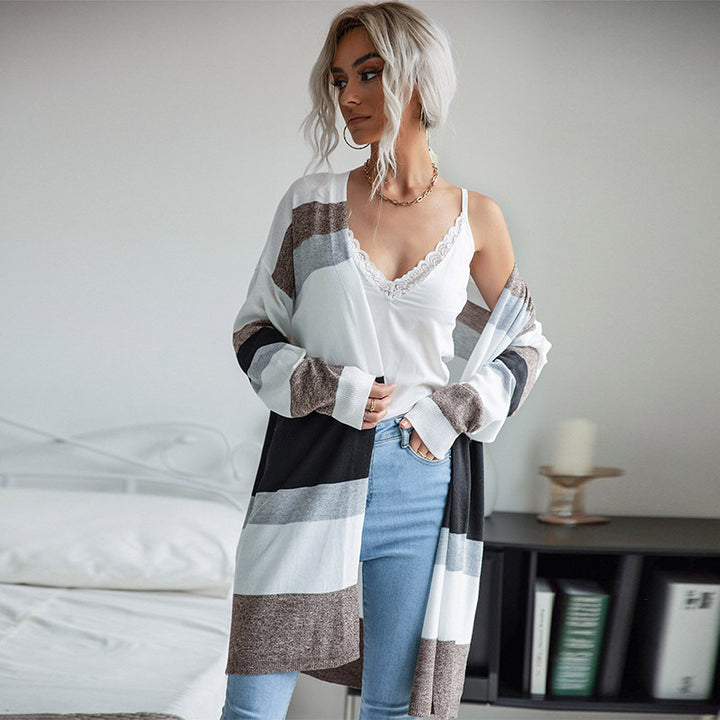 Damen Langer Offener Strickcardigan mit Blockstreifen, Leichtem Fall und Eingrifftaschen Echoarchiv