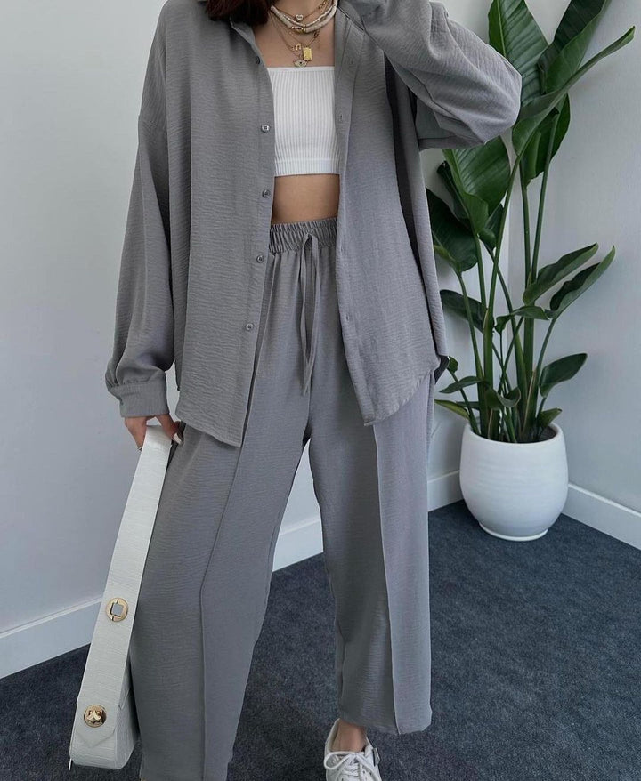 Damen Lässiges zweiteiliges Lounge-Set aus Crêpe mit Oversize-Hemd und hohem Elastikbund Echoarchiv