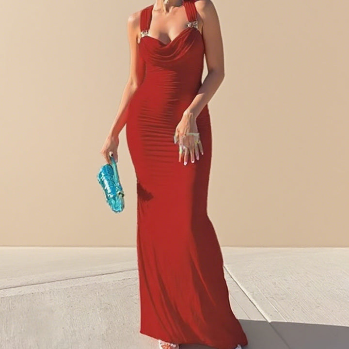 Damen Elegantes figurbetontes Abendkleid mit drapiertem Oberteil und goldenen Trägern Echo Archiv