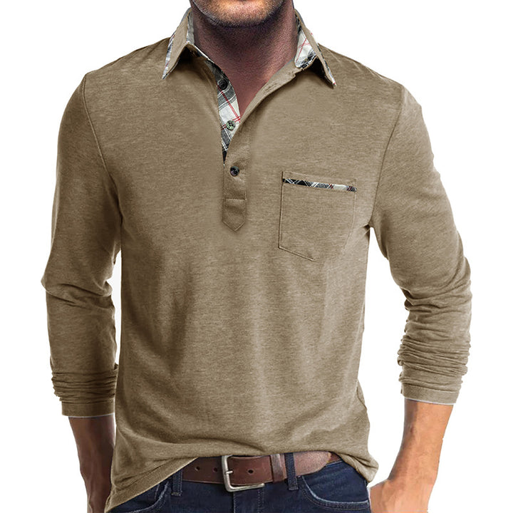 Herren Langarm-Henley-Shirt mit kontrastierendem Kragen und modischer Brusttasche Echoarchiv