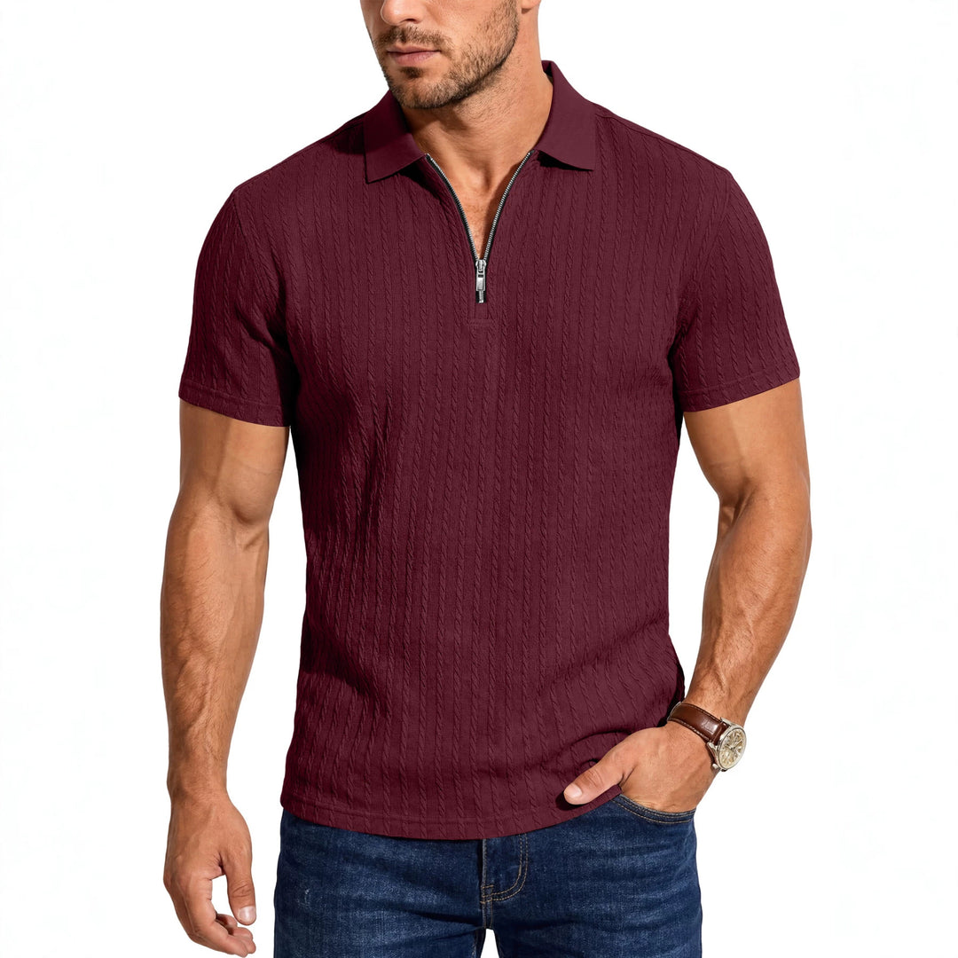 Herren Kurzarm-Strickpoloshirt mit Reißverschluss und Zopfstrickstruktur – Cavello