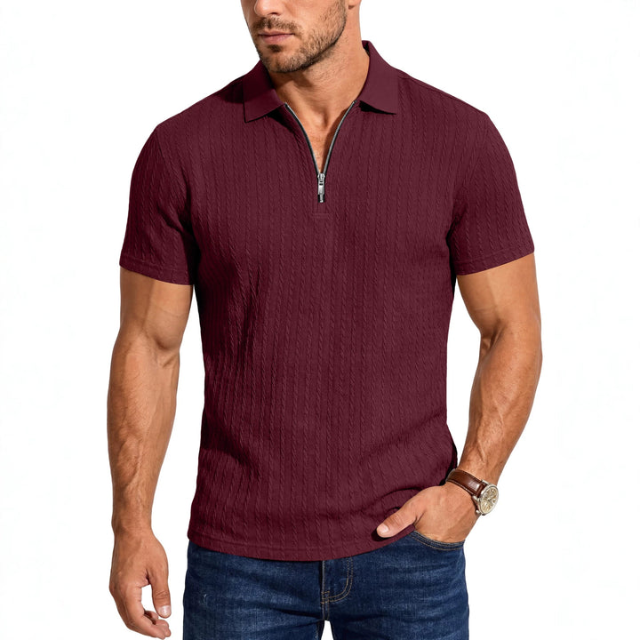 Herren Kurzarm-Strickpoloshirt mit Reißverschluss und Zopfstrickstruktur – Cavello