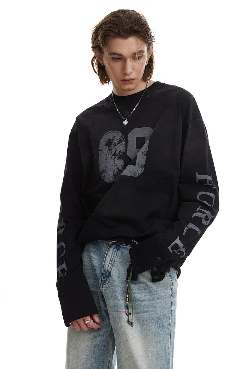 Herren Oversize-Longsleeve-Sweatshirt mit Print, verlängerten Manschetten und Used-Details Echoarchiv
