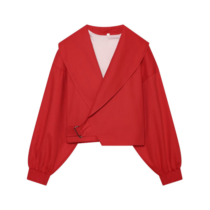 Damen Cropped-Manteljacke mit weitem Schalkragen, Taillenriegel und Ballonärmeln Echo Archiv