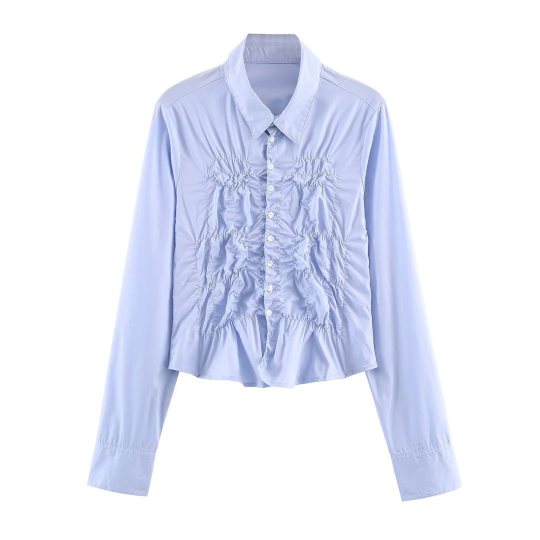 Damen Hemdbluse mit Smock‑Raffung und klassischem Kragen Echoarchiv