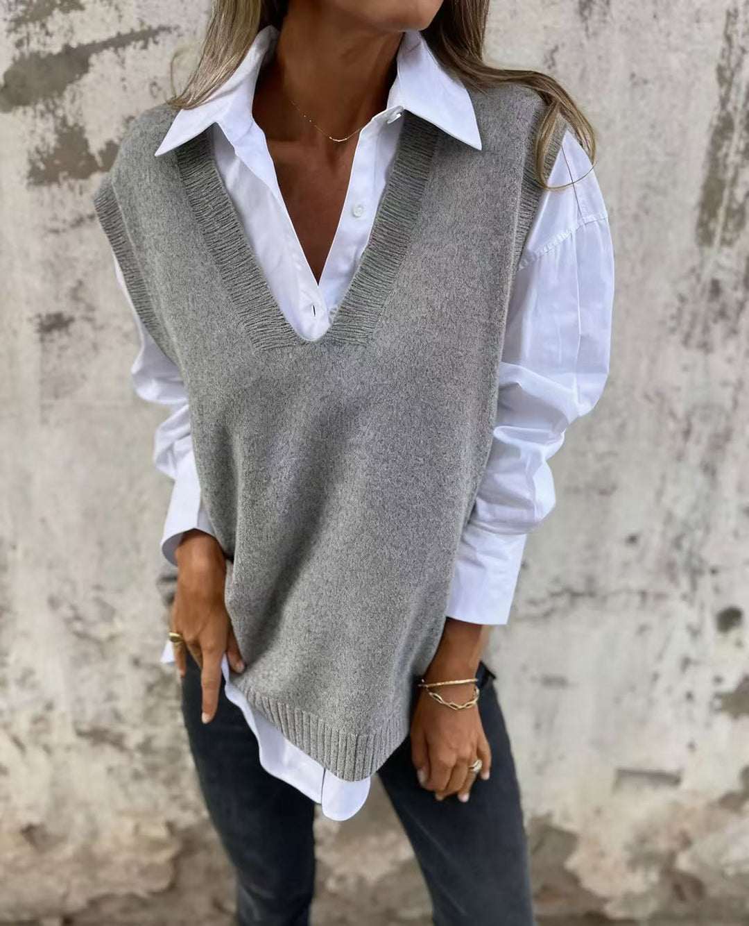 Damen lässiger Strickpullover mit V-Ausschnitt Echoarchiv