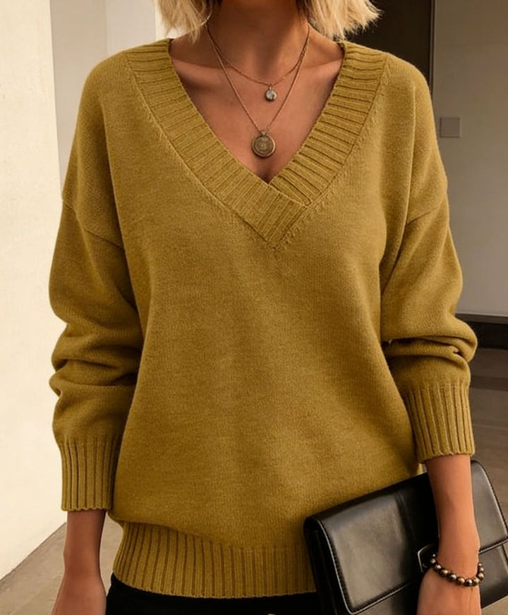 Damen Feinstrickpullover mit tiefem V-Ausschnitt und überschnittener Schulter – Mavelle