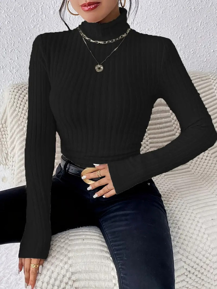 Damen Figurbetonter Rippstrick-Rollkragenpullover mit langen Ärmeln Echoarchiv