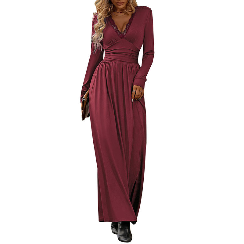 Damen Fließendes Maxikleid mit Spitzen‑V‑Ausschnitt, Wickel‑Taille und Seitenschlitz Echoarchiv