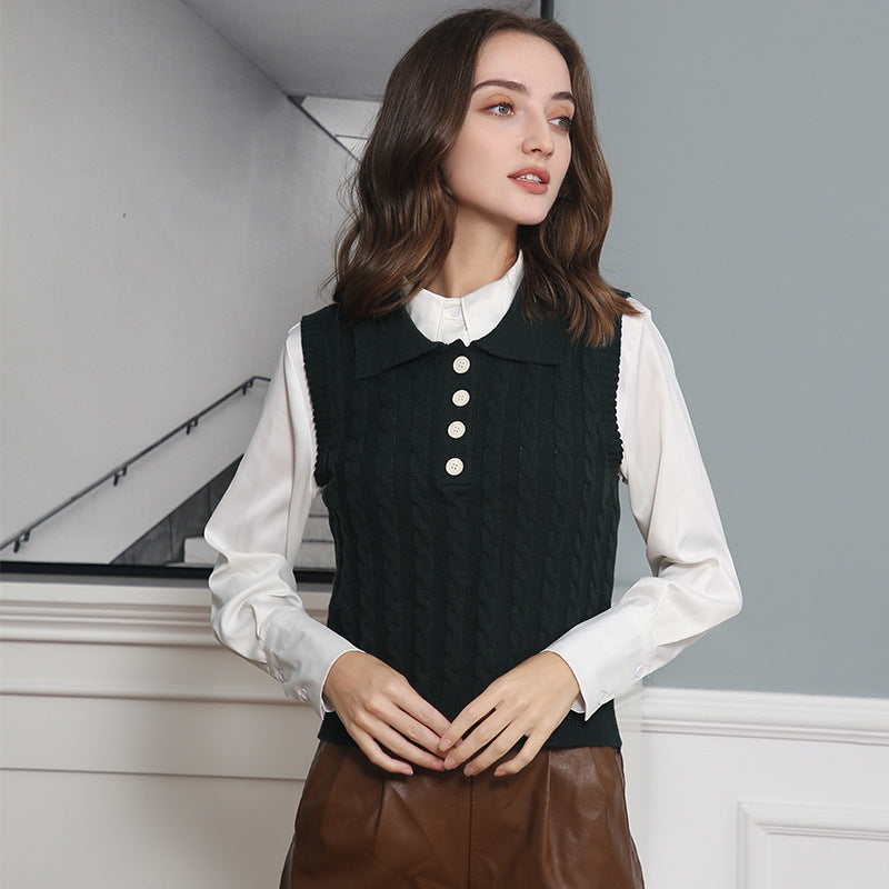 Damen Feinstrick-Ärmellose Polo-Weste mit Zopfmuster und tailliertem Schnitt Echo Archiv