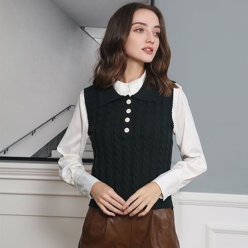 Damen Feinstrick-Ärmellose Polo-Weste mit Zopfmuster und tailliertem Schnitt Echo Archiv