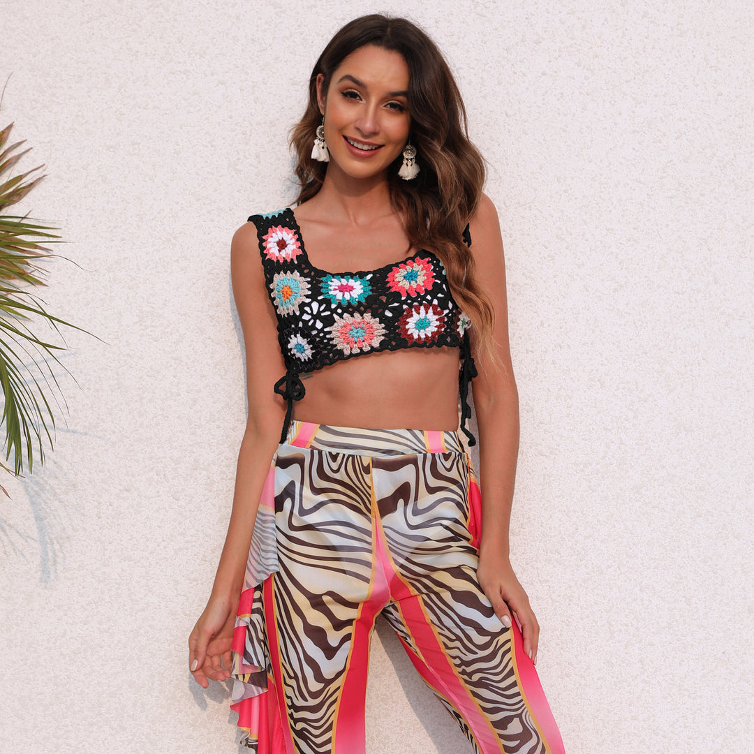 Damen gehäkeltes Crop-Top mit bunten Blumenmotiven Echo Archiv