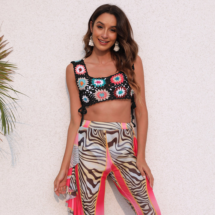 Damen gehäkeltes Crop-Top mit bunten Blumenmotiven Echo Archiv