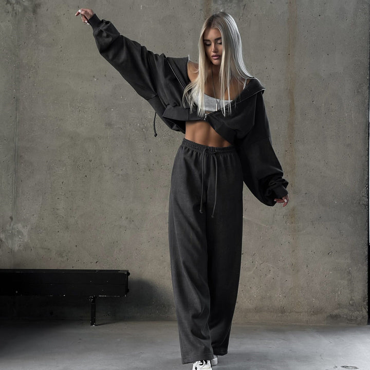Damen kurzes Kapuzenzipper-Lounge-Set mit oversized Ärmeln und weitem Jogginghose-Schnitt – Auréline