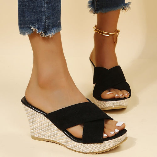 Damen nan Keilsandalen mit geflochtener Bastsohle und gekreuzten Veloursriemen Echo Archiv
