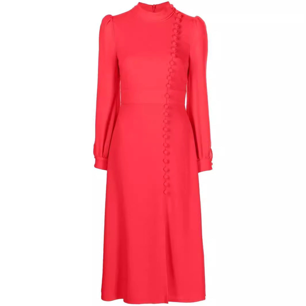 Damen Midikleid im Vintage‑Look mit hochgeschlossenem Kragen, asymmetrischer Zierknopfleiste und Frontschlitz Echoarchiv