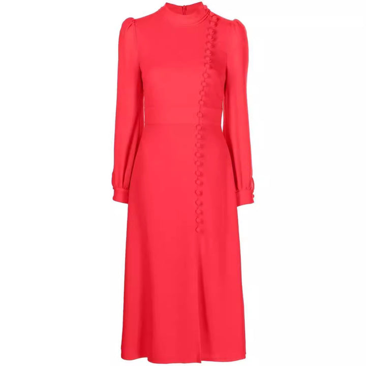 Damen Midikleid im Vintage‑Look mit hochgeschlossenem Kragen, asymmetrischer Zierknopfleiste und Frontschlitz Echoarchiv