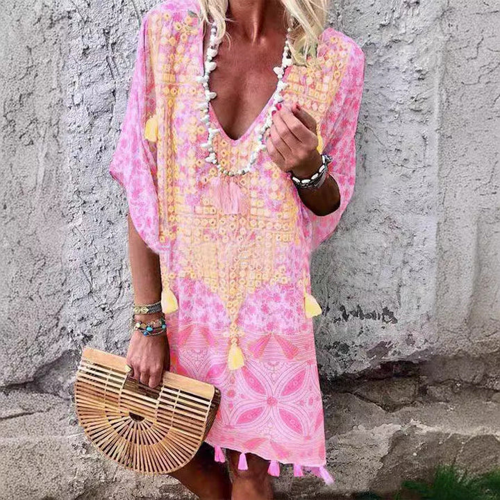 Damen Boho-Chic Kaftan mit V-Ausschnitt und Tassel-Details Echoarchiv
