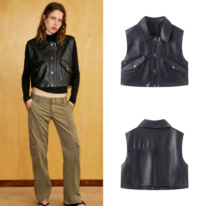 Damen Cropped Utility Weste aus Lederoptik mit Kragen, Ringzipper und aufgesetzten Pattentaschen Echoarchiv