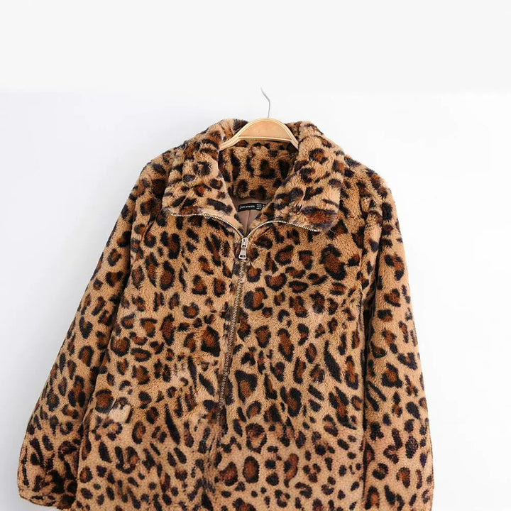 Damen Kunstfelljacke mit Leopardenmuster, durchgehendem Reißverschluss und elastischem Saum Echo Archiv