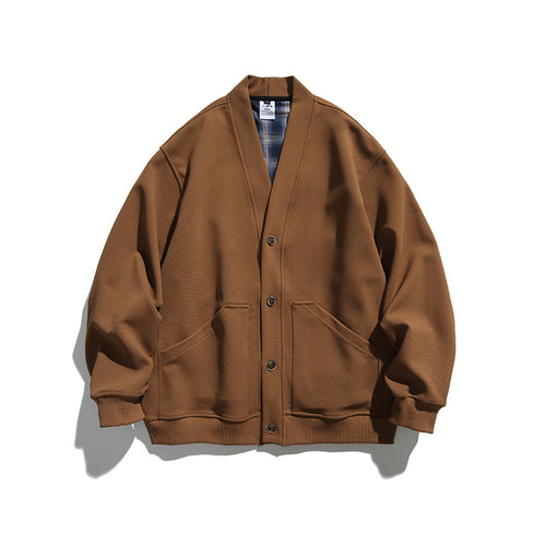 Unisex Boxy-Cardigan-Jacke mit V-Ausschnitt, aufgesetzten Taschen und kariert gefüttertem Innenfutter Echo Archiv