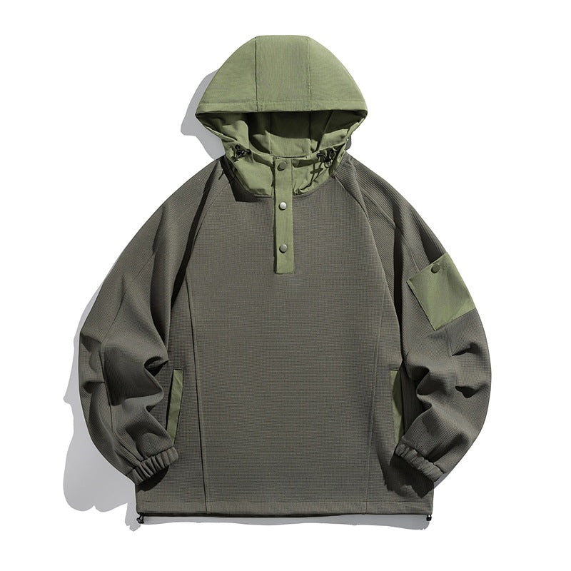 Unisex Oversize Kapuzen-Anorak-Pullover mit halber Druckknopfleiste, Utility-Ärmeltasche und Thermostruktur Echoarchiv