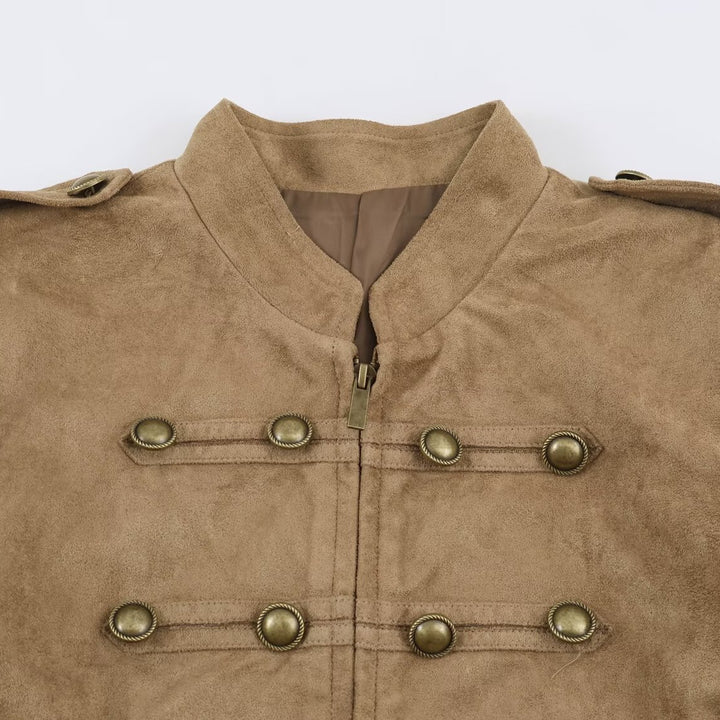 Damen kurz geschnittene Kavallerie-Jacke aus Wildlederoptik mit Zierknopfleiste und Schulterpatten Echo Archiv