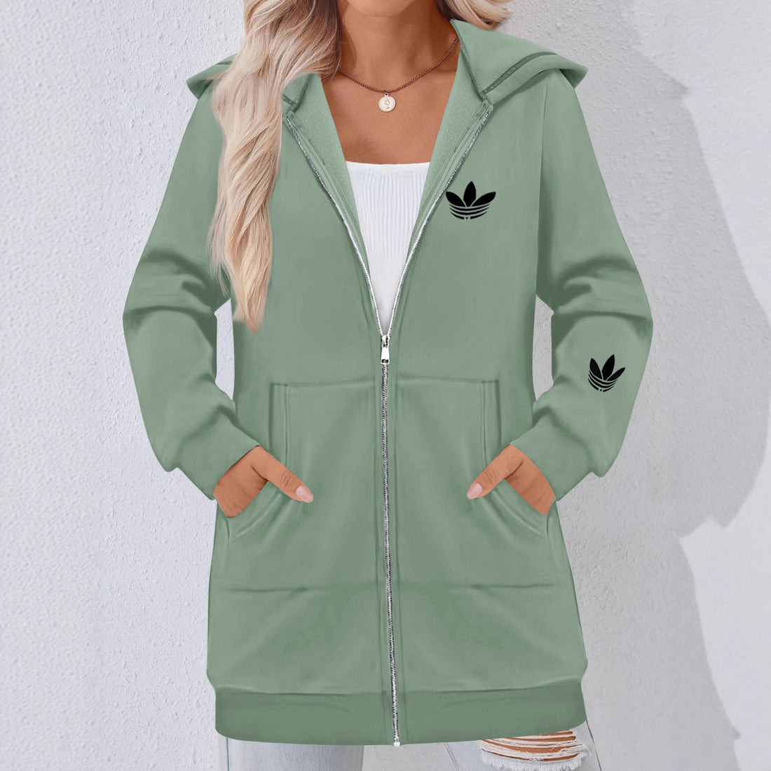 Damen Lange Kapuzen-Sweatjacke mit Metallreißverschluss, Kängurutaschen und figurumspielender Silhouette – Auréline
