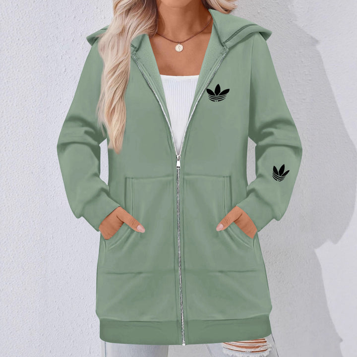 Damen Lange Kapuzen-Sweatjacke mit Metallreißverschluss, Kängurutaschen und figurumspielender Silhouette Echoarchiv