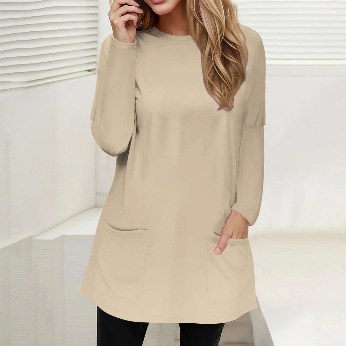Damen Freizeit Longline Tunika mit Rundhalsausschnitt und aufgesetzten Taschen – Avelline