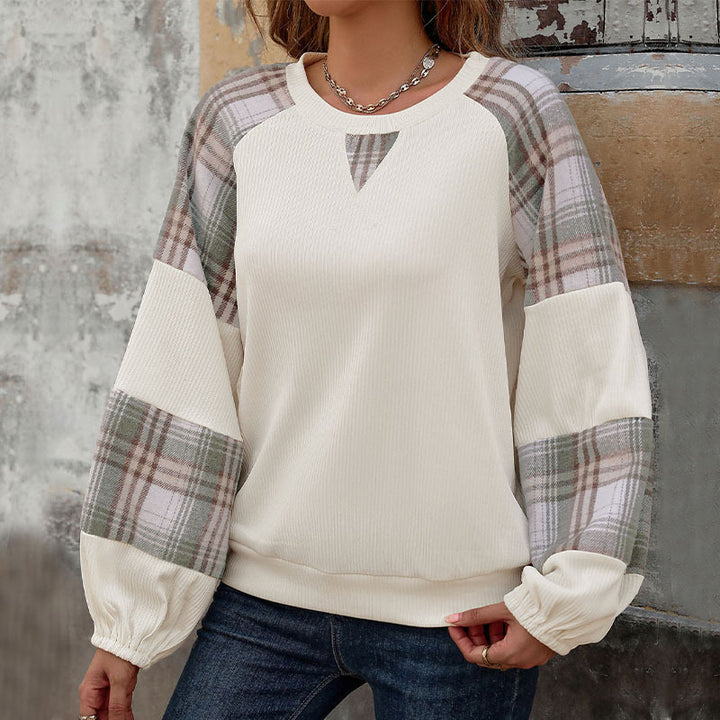 Damen Oversize-Longsleeve mit karierten Chiffon-Raglanärmeln und gerafften Manschetten Echoarchiv