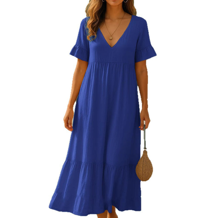 Damen fließendes Maxikleid mit V-Ausschnitt und Rüschendetails Echo Archiv