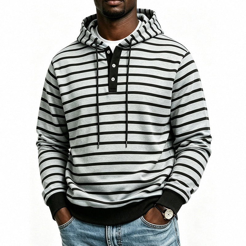 Herren Kapuzenpullover mit Henley-Knopfleiste und feinem Streifenstrukturmuster Echoarchiv