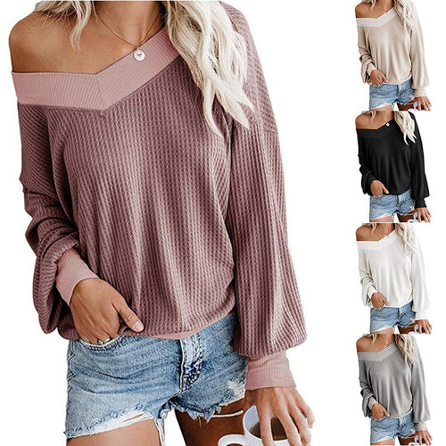 Damen Lockerer Waffelstrick-Pullover mit asymmetrischem Carmen-Ausschnitt und Ballonärmeln Echo Archiv