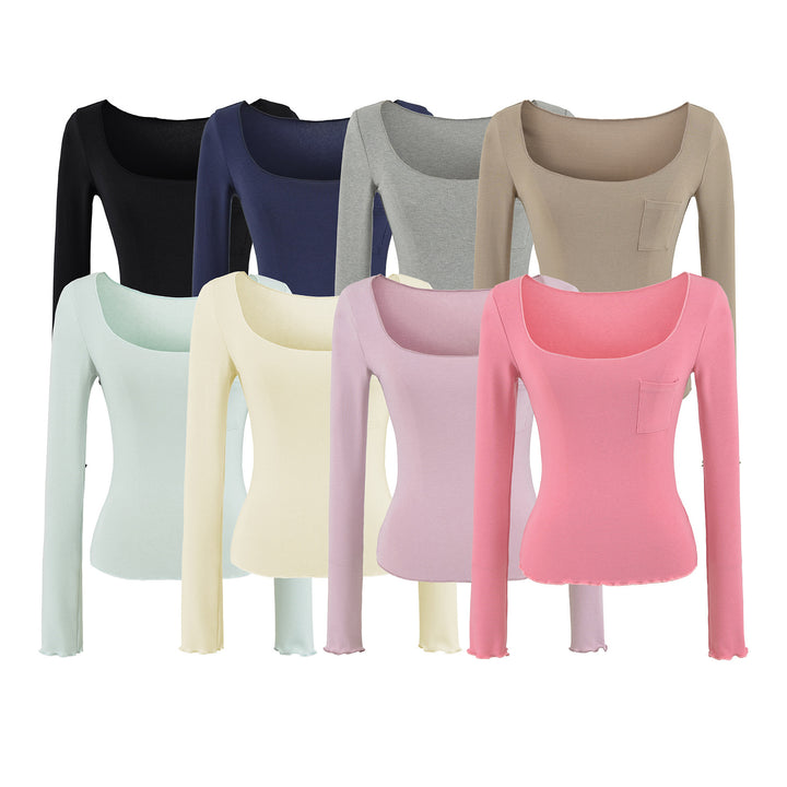Damen Figurbetontes geripptes Langarmshirt mit weitem Quadrat-Ausschnitt und Brusttasche Echoarchiv