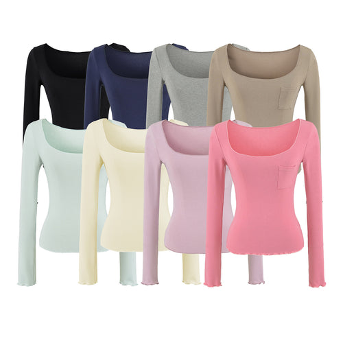 Damen Figurbetontes geripptes Langarmshirt mit weitem Quadrat-Ausschnitt und Brusttasche Echoarchiv
