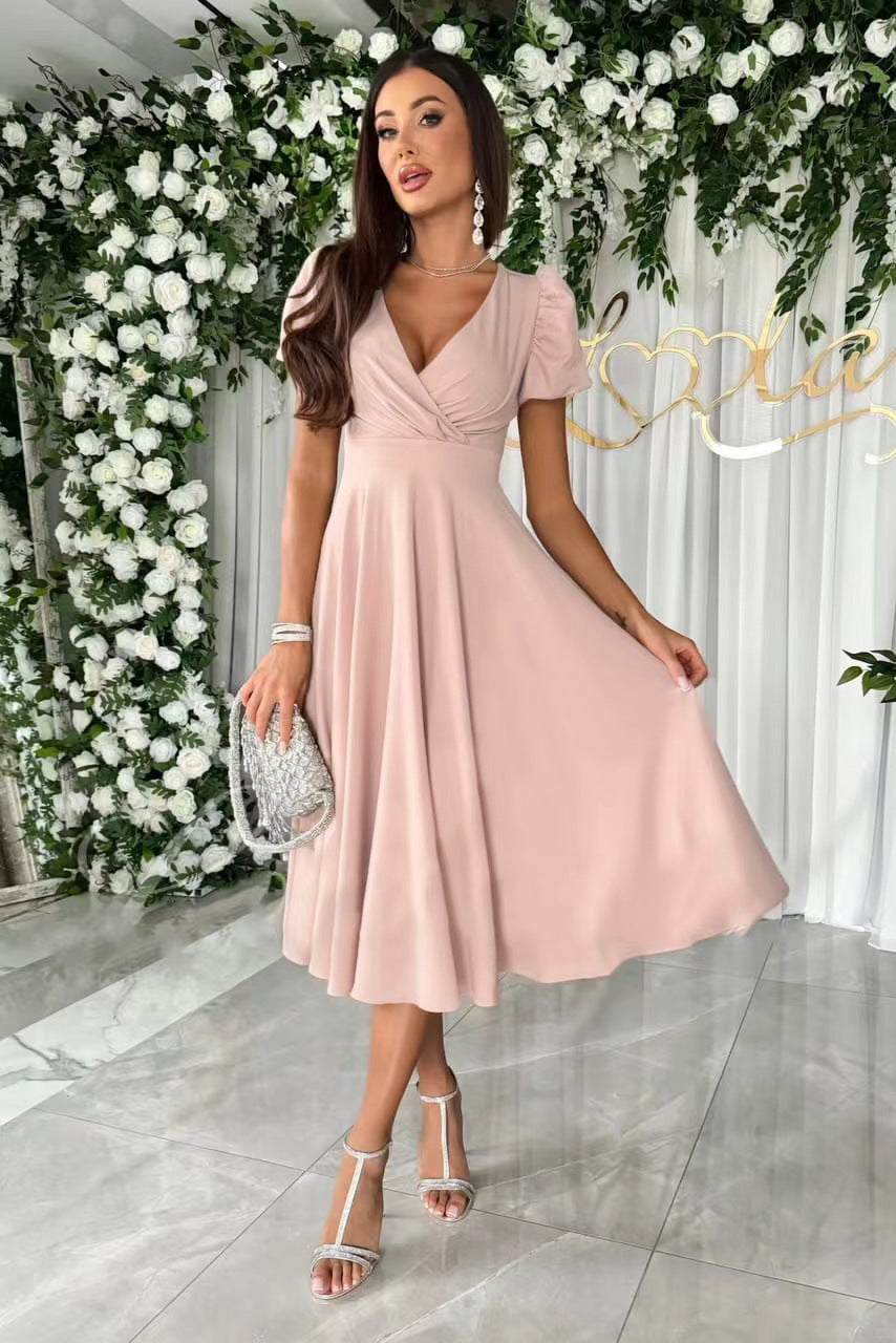 Damen A-Linie Kleid mit Puffärmeln und schmalem V-Ausschnitt – Élara